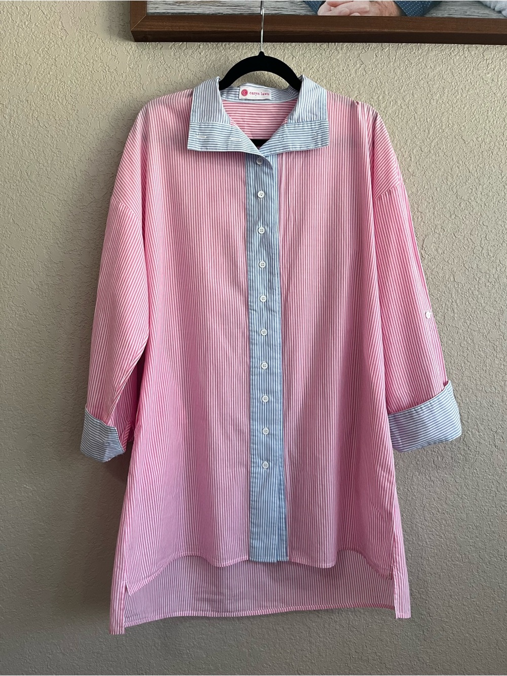 Caryn Lawn Contrast Stripe Cotton Poplin Shirt Dress Pink Blue One Size